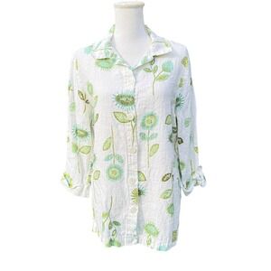 Hot Cotton by Marc Ware Womens White Green Floral 100% Linen Button Down Shirt M